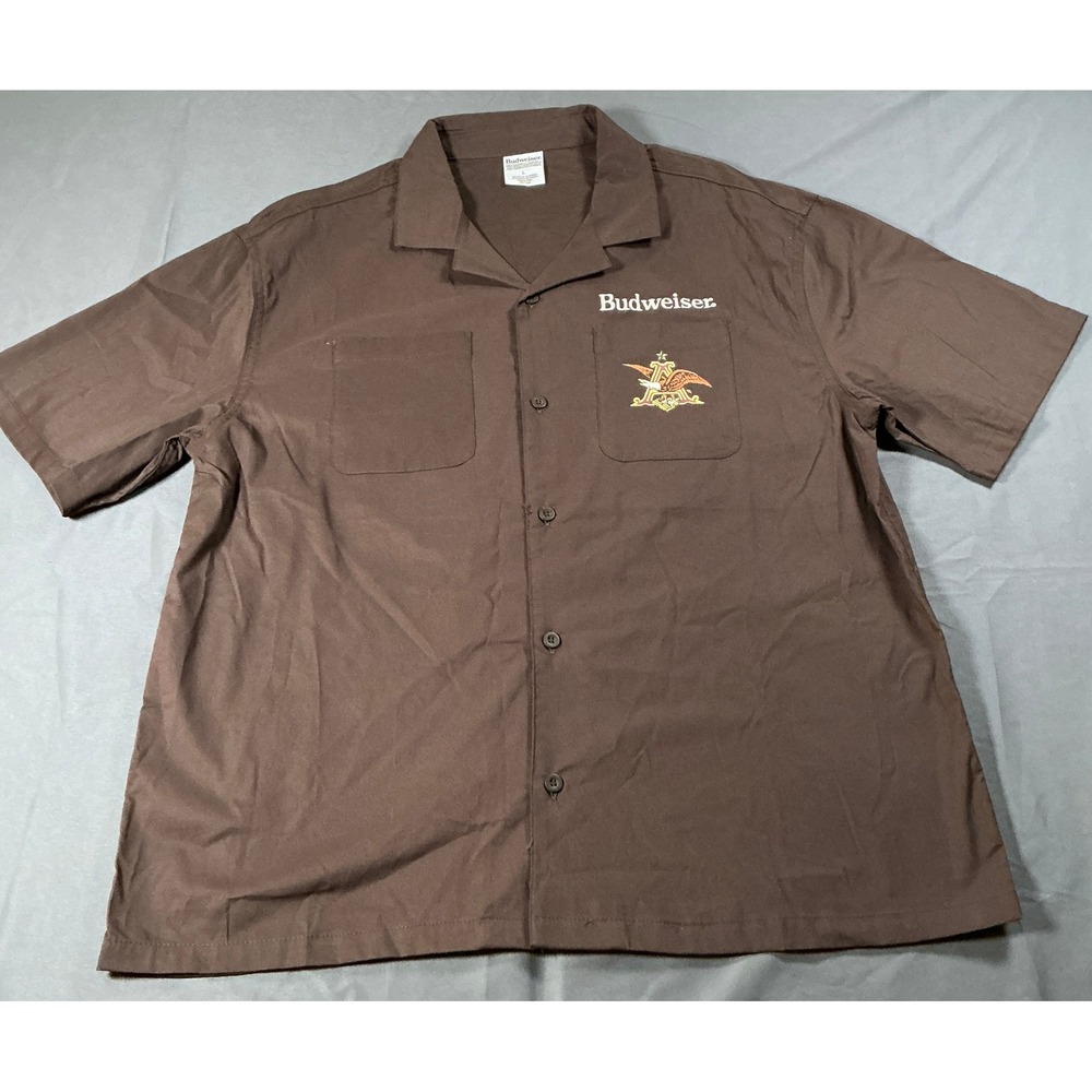 Budweiser Mens Brown Short Sleeve Button Down Work Shirt Lager Beer Graphic L